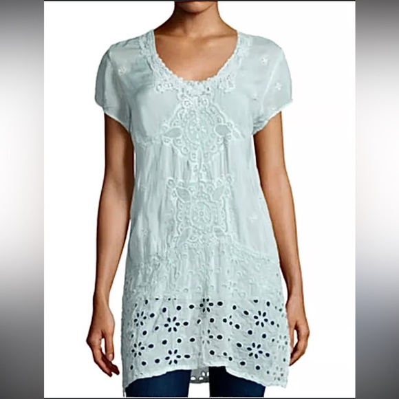 Johnny Was Kelso Lace Eyelet Tunic Lightweight Top in Arctic Mint Arctic Mist L - Picture 1 of 12